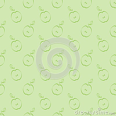 Simple vector seamless pattern with outline apples; green background. Vector Illustration